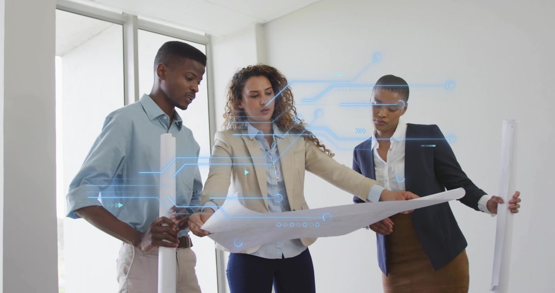 Team Collaborating on Blueprint with Futuristic Technology Overlay