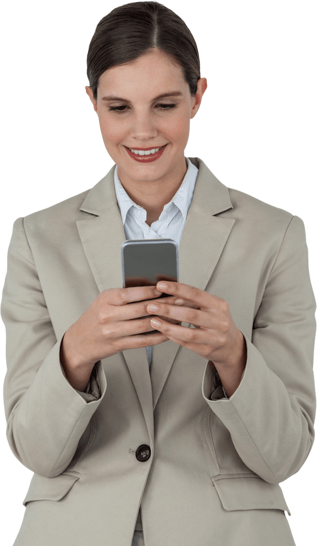 Transparent Image of Businesswoman Engaging with Smartphone