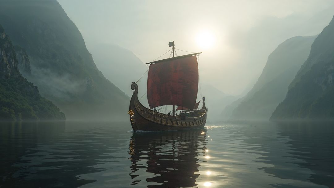 Viking Longship Voyaging Through Misty Nordic Fjord