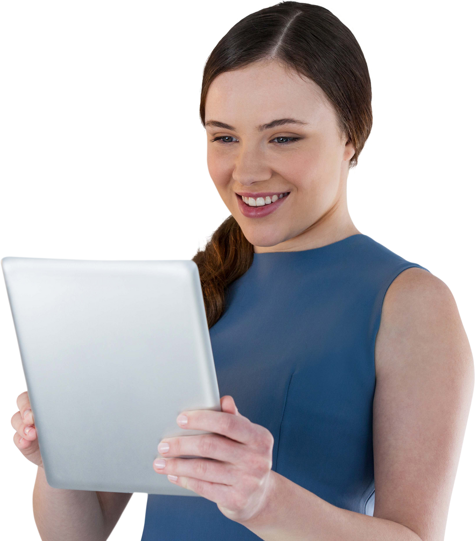 Smiling Woman Transparently Using Digital Tablet - Download Free Stock Images Pikwizard.com