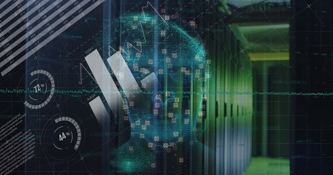 Futuristic Digital Avatar in High-Tech Data Center Environment