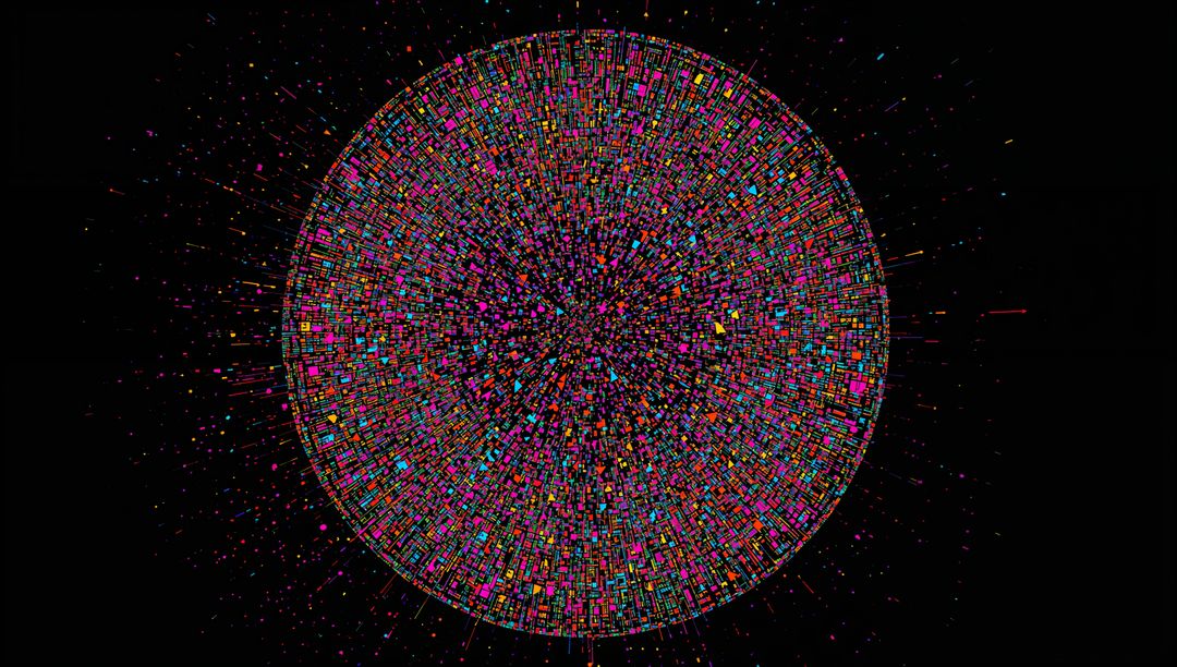 Neon Radial Disk Radiating Colorful Mosaic Grid and Digital Spikes on Black Canvas