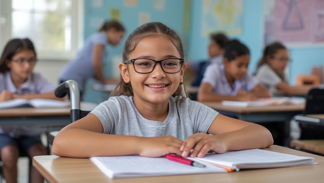 Smiling Schoolgirl with Glasses Engaging in Classroom Learning
