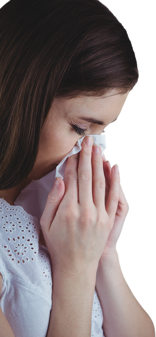 Transparent image of woman blowing nose with tissue - Download Free Stock Images Pikwizard.com