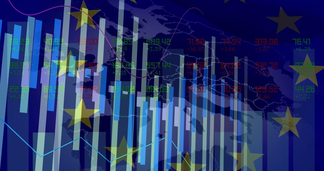 Data Visualizations Over European Union Flag Representing Global Finance