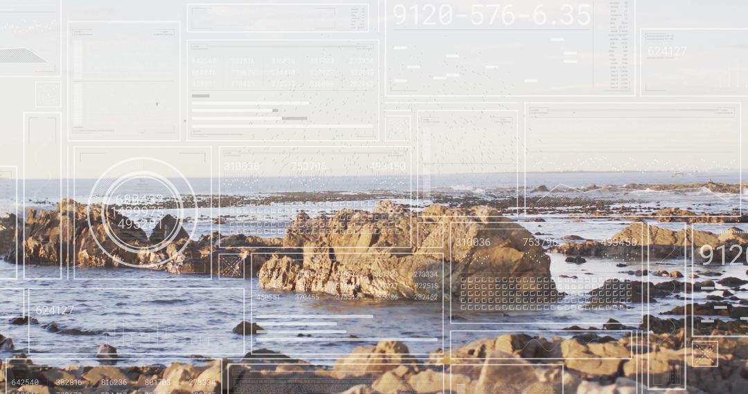 Futuristic Digital Interface Overlay on Rocky Sea Landscape