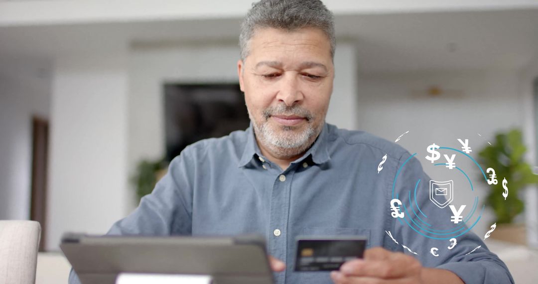 Man Using Tablet for Secure Online Payment with Floating Currency Symbols