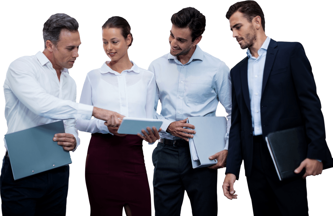 Transparent Group Discussion Over Tablet in Business Attire