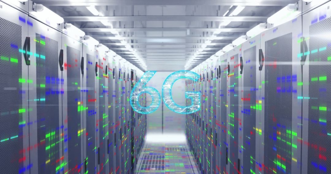 6G Network Server Room with Data Visualization Effects