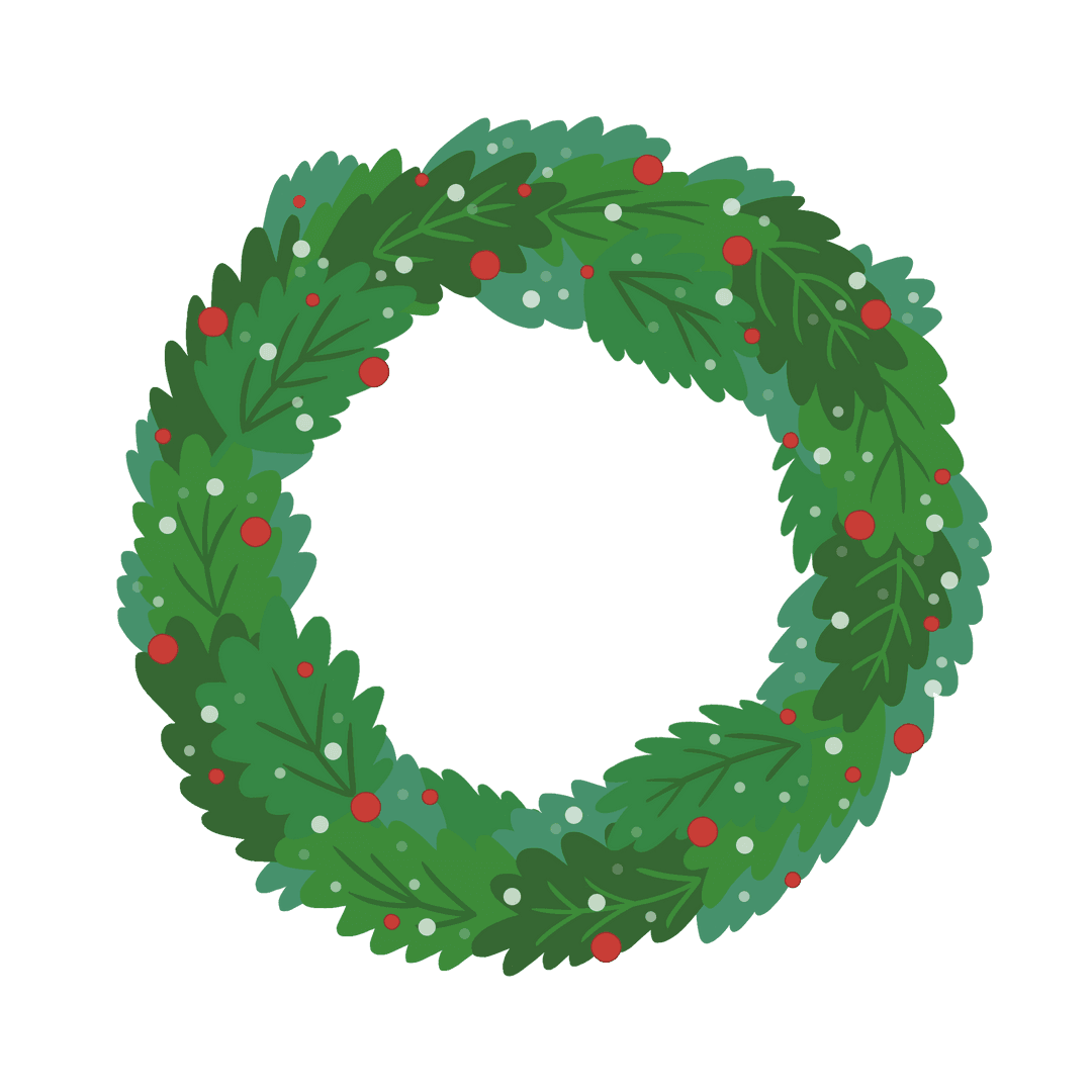 Festive Green Wreath With Red and White Berries on Transparent Background