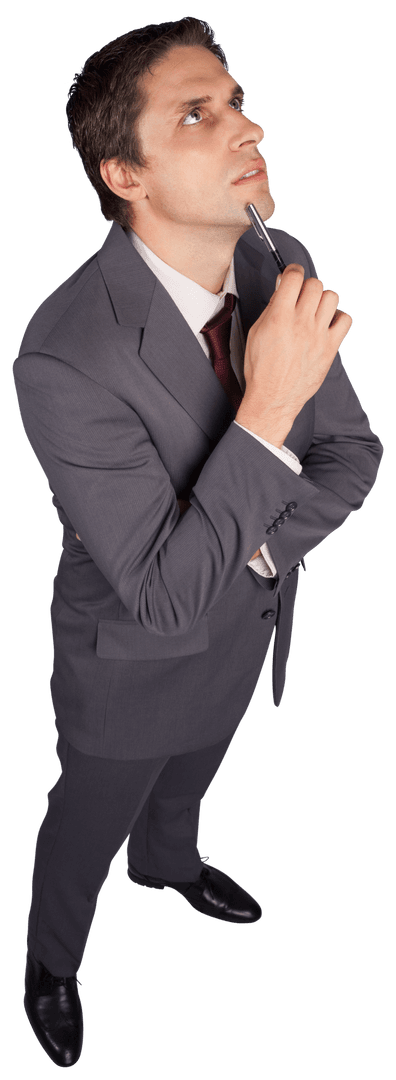 Focused Caucasian Businessman Thinking with Pen on Transparent Background