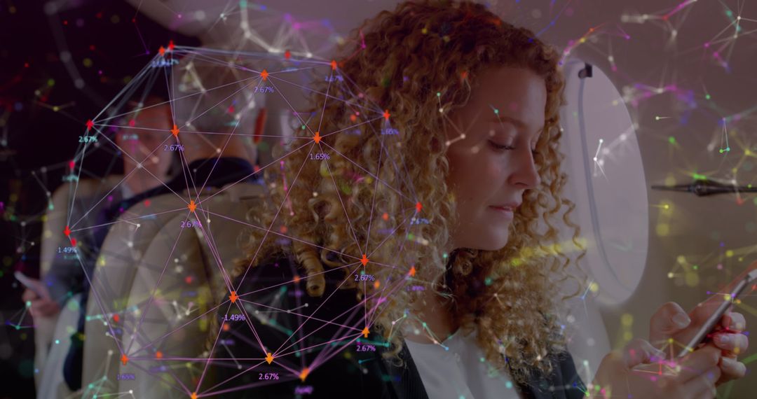 Woman Using Smartphone on Plane with Digital Network Overlay