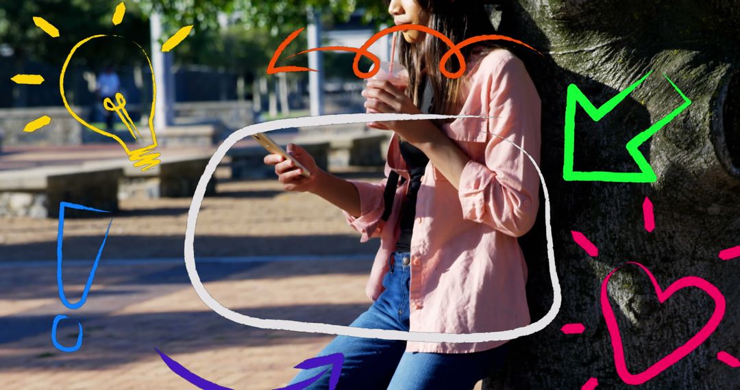 Woman Using Smartphone in Park with Digital Icons Overlay