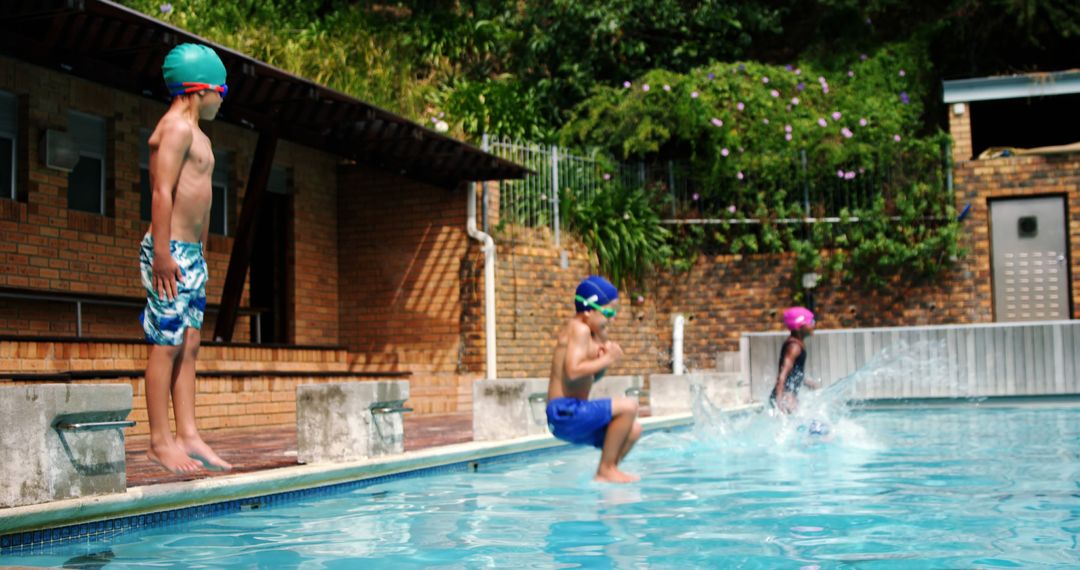 Children Enjoying Swimming Pool on Summer Day Outdoors - Free Images, Stock Photos and Pictures on Pikwizard.com