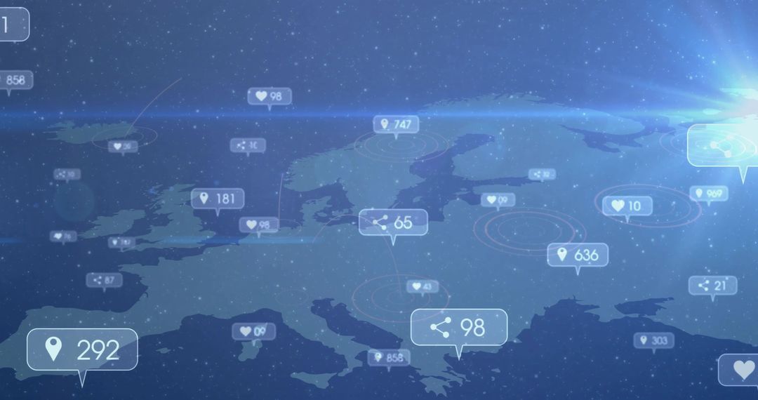 Futuristic European Map Overlay with Social Media Indicators