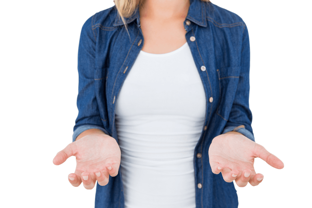 Smiling Woman Showing Open Hands in Blue Denim Shirt