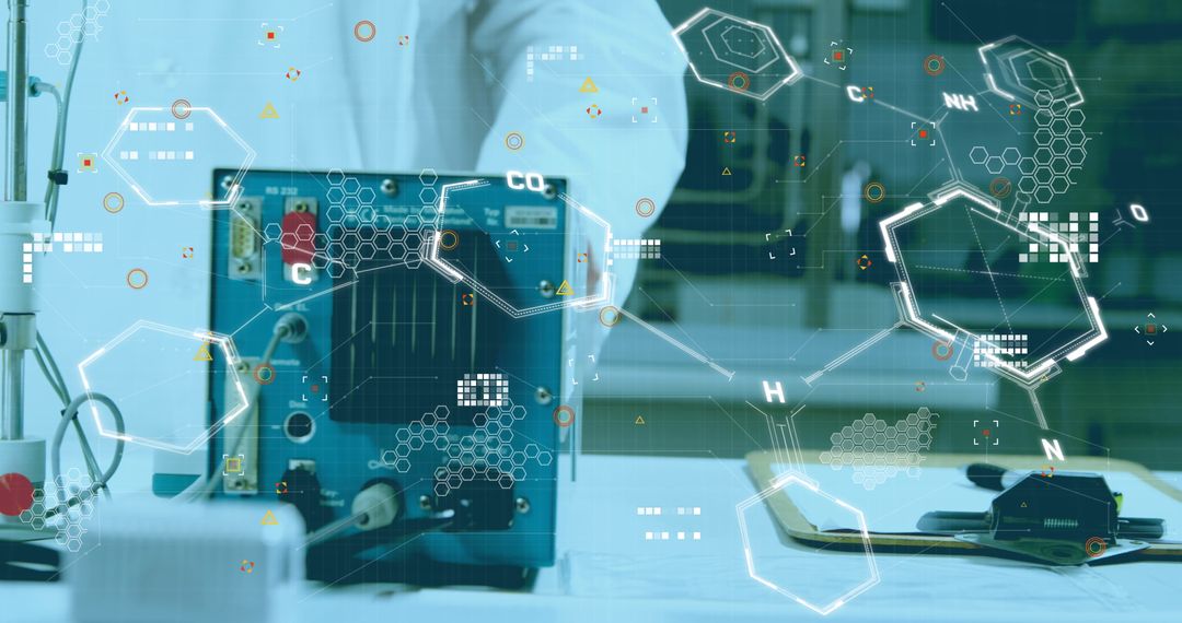 Caucasian scientist analyzing data with digital interface in lab