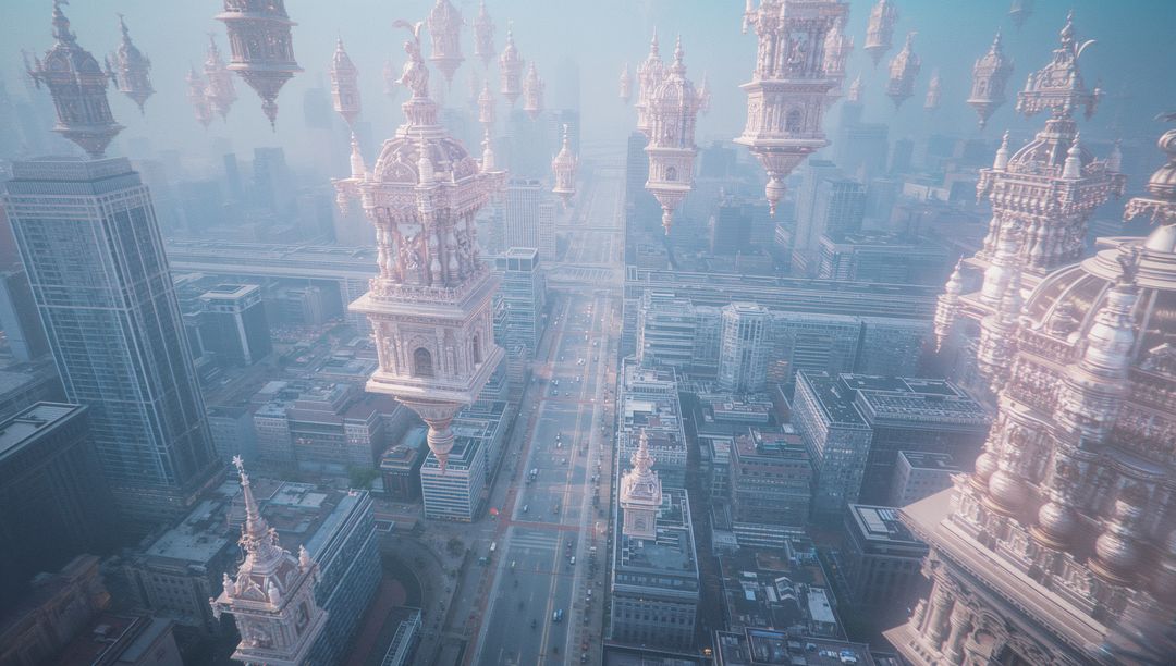 Futuristic Floating Temples Over Aerial Urban Landscape