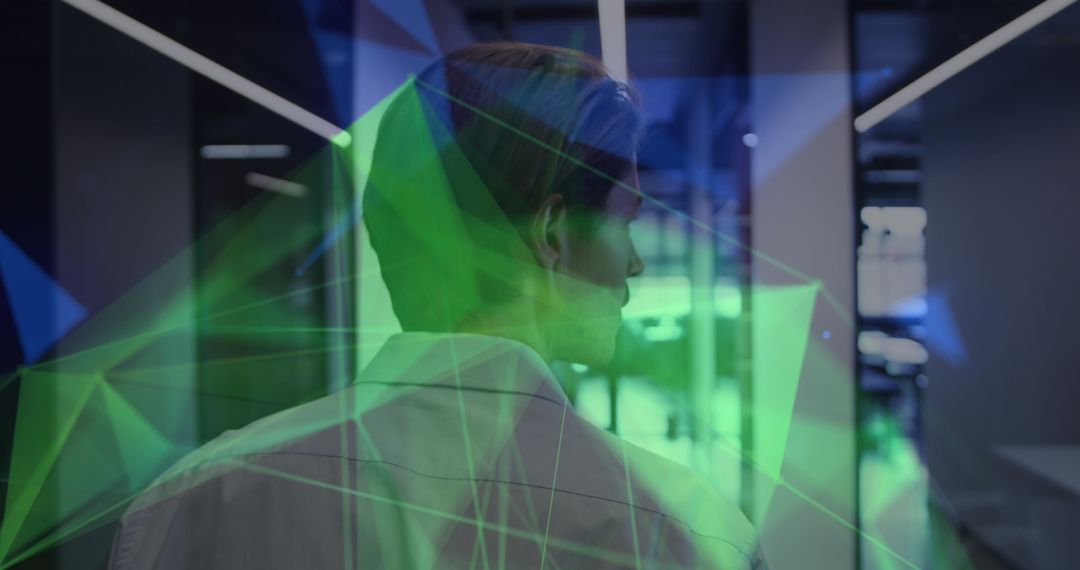 Businessman in Office with Futuristic Financial Data Overlay