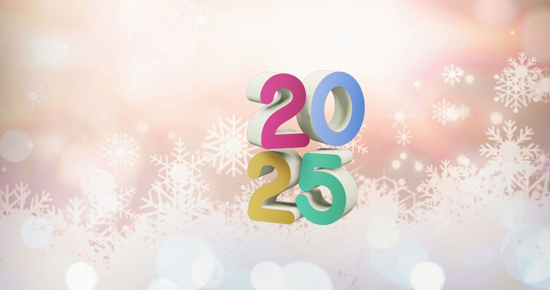 Colorful 2025 text with snowflake background for new year celebrations