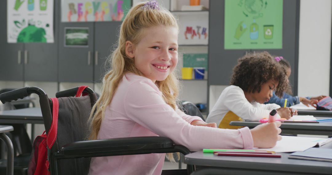 Smiling Schoolgirl in Wheelchair in Classroom Setting