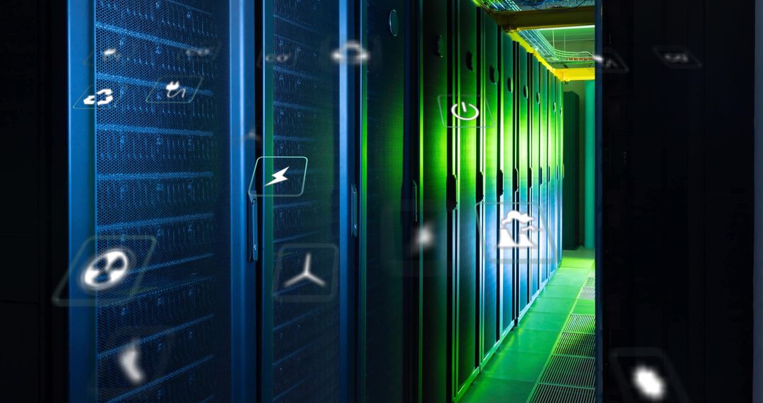 Green Data Center with Overlay of Eco-Friendly Icons