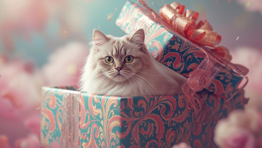 Fluffy Cat in Ornate Gift Box Creating Whimsical Surprise