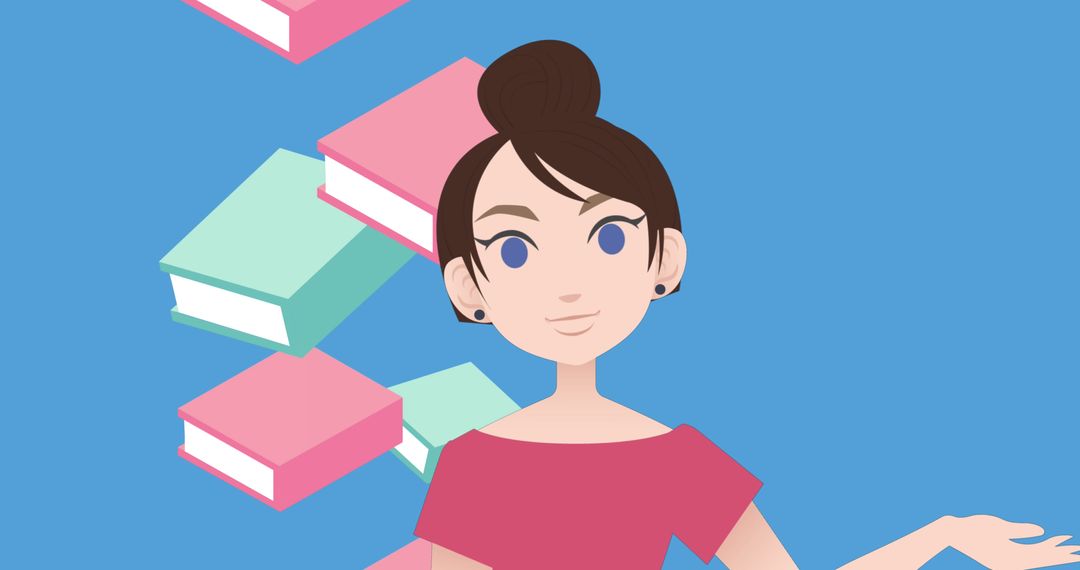Animated Woman Discussing Education and Mentorship with Floating Books