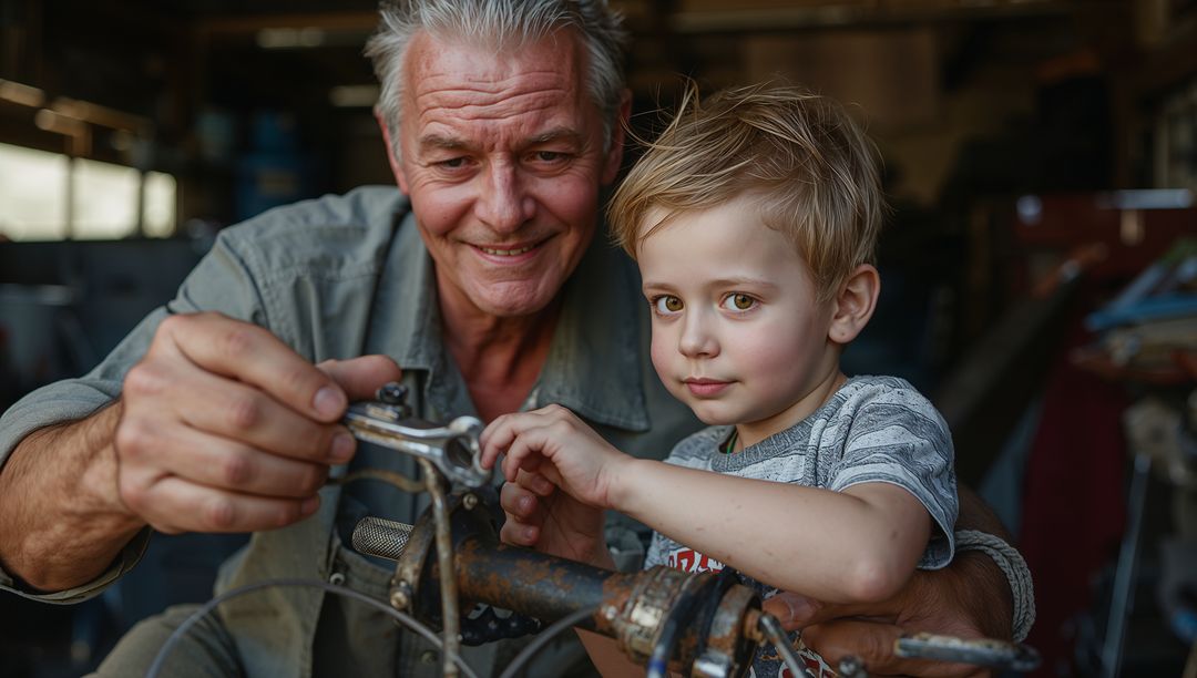 Grandfather and Grandson Mechanic Lesson in Workshop