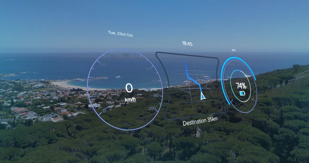 Futuristic Digital Dashboard Overlay on Scenic Coastline