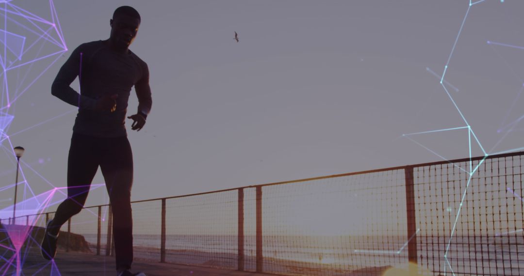 Man Running With Digital Connectivity Effects at Sunset by Seaside