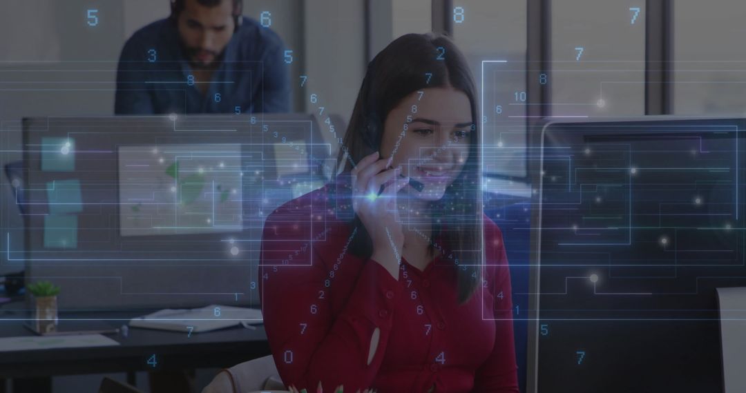 Woman in Call Center with Digital Interface Hologram