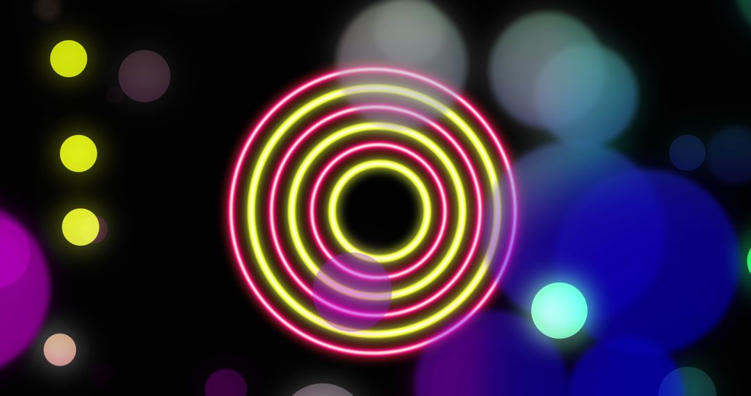 Vibrant Neon Circles on Dark Background with Bokeh Effect