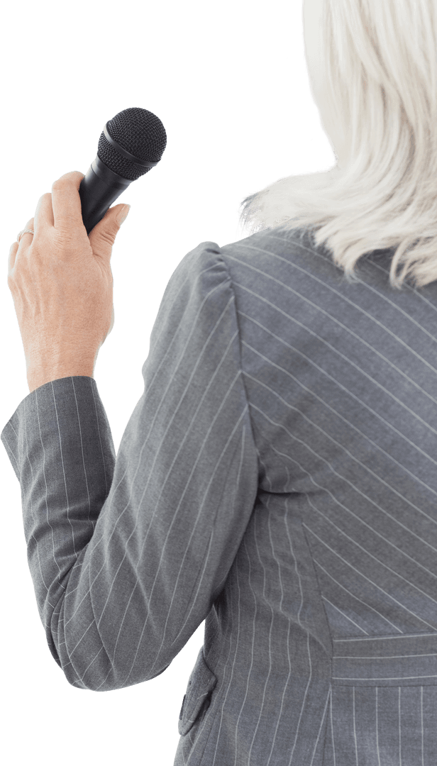 Transparent Rear View of Businesswoman Presenting with Microphone