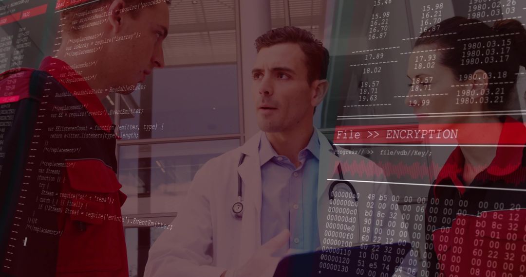 Doctor Collaborating with Paramedics Surrounded by Data Encryption