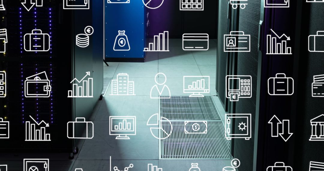 Digital Interface with Business Icons in Modern Server Room