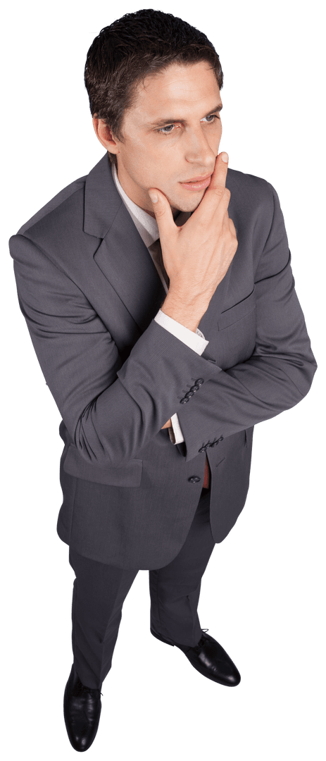 Thoughtful Businessman Touching Chin in Gray Suit - Transparent