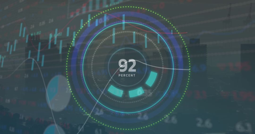 Abstract Digital Financial Dashboard with Urban Silhouette Background