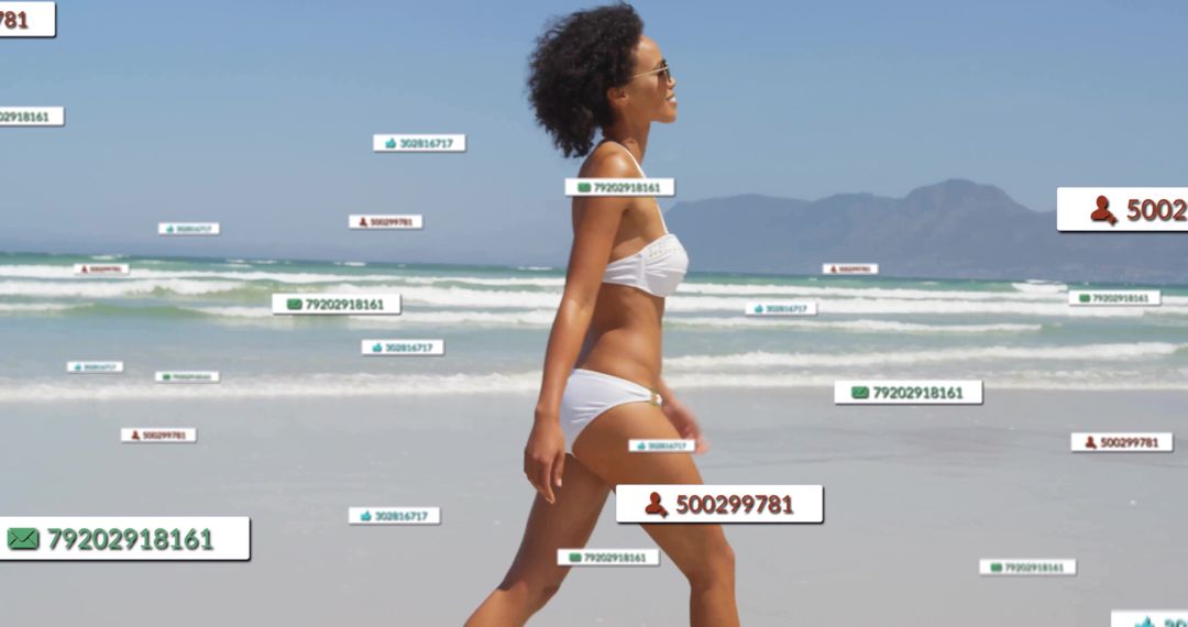 Woman Walking on Beach with Floating Digital Data Elements