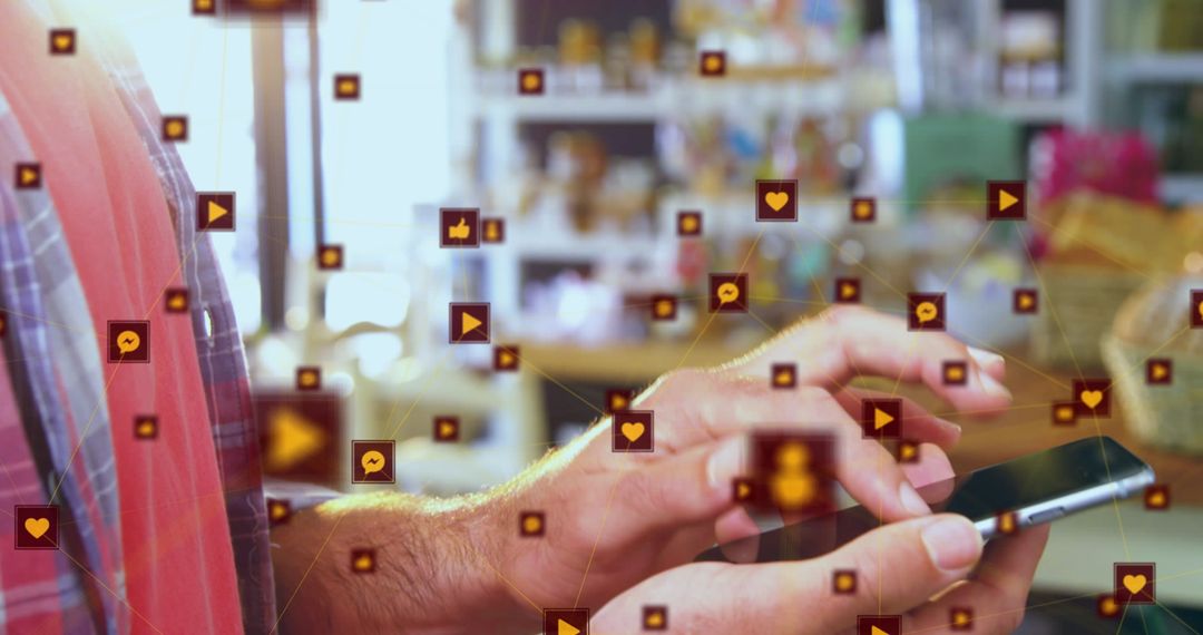 Man Engaging with Social Media on Smartphone with Digital Icons Overlay