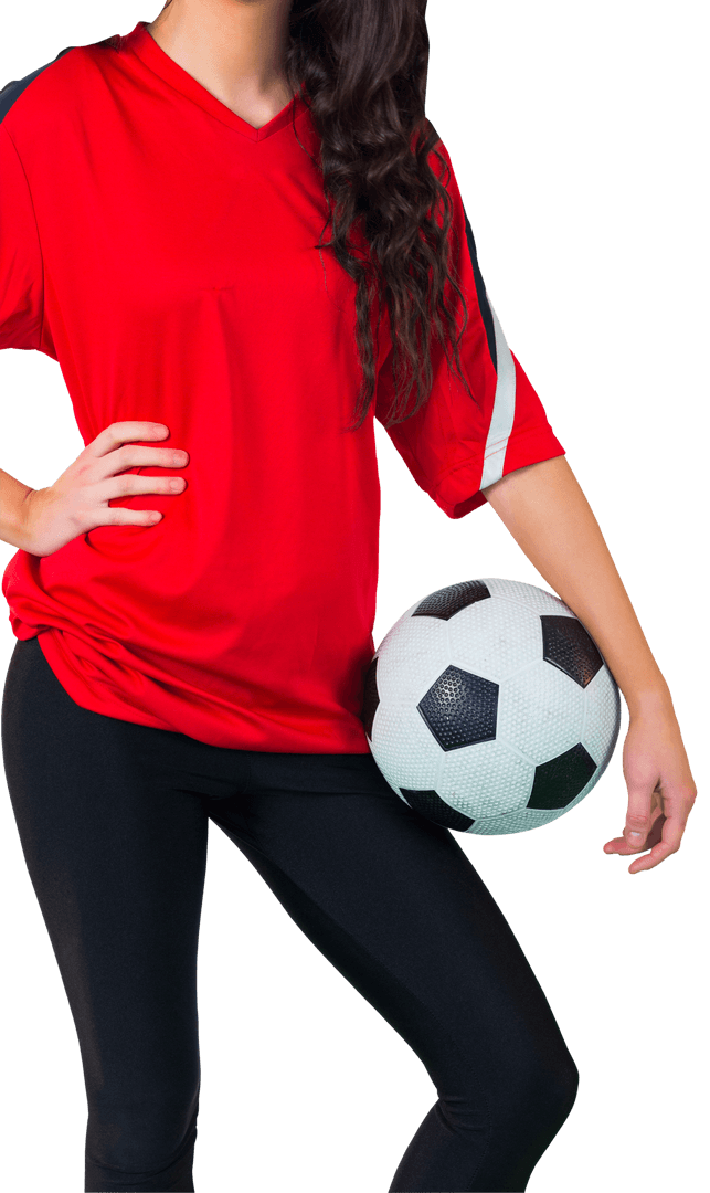 Woman Posing with Soccer Ball in Red Jersey on Transparent Background