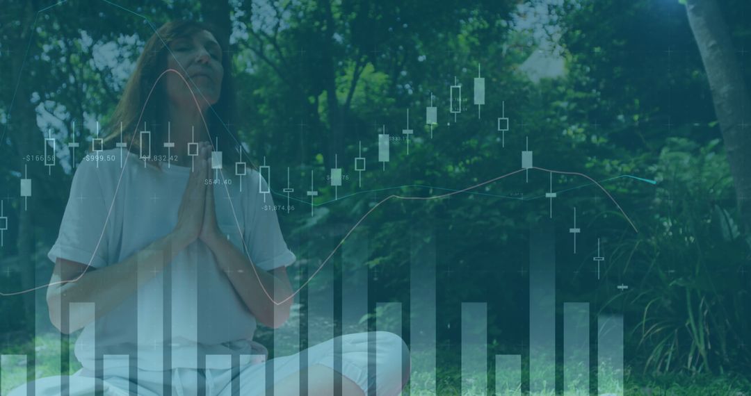 Woman Meditating with Financial Graphs Overlay in Nature