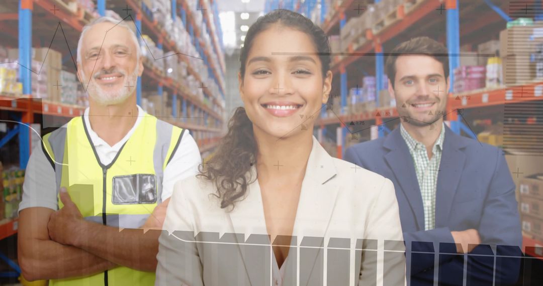 Smiling warehouse supervisor leading diverse logistics team in racked aisle