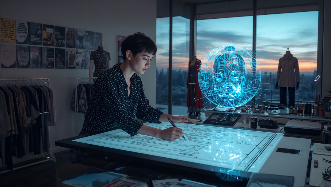 Fashion Designer Sketching Futuristic Holographic Face on Digital Drafting Table with City Skyline