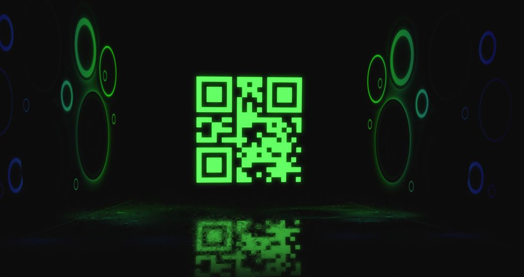 Flickering Green QR Code with Neon Circles on Black Background