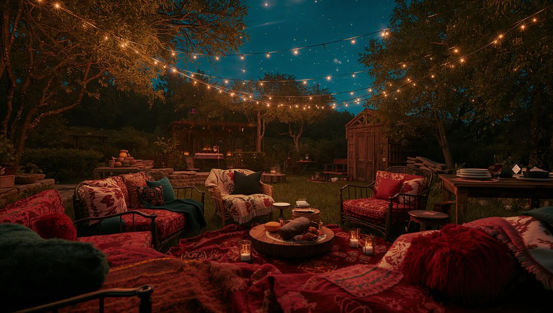Cozy Backyard Lounge with Sofas and Fairy Lights