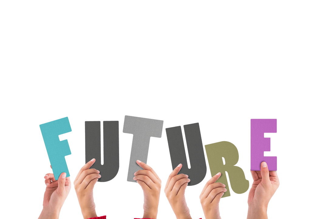 Hands Holding Colored Future Text on Transparent Background