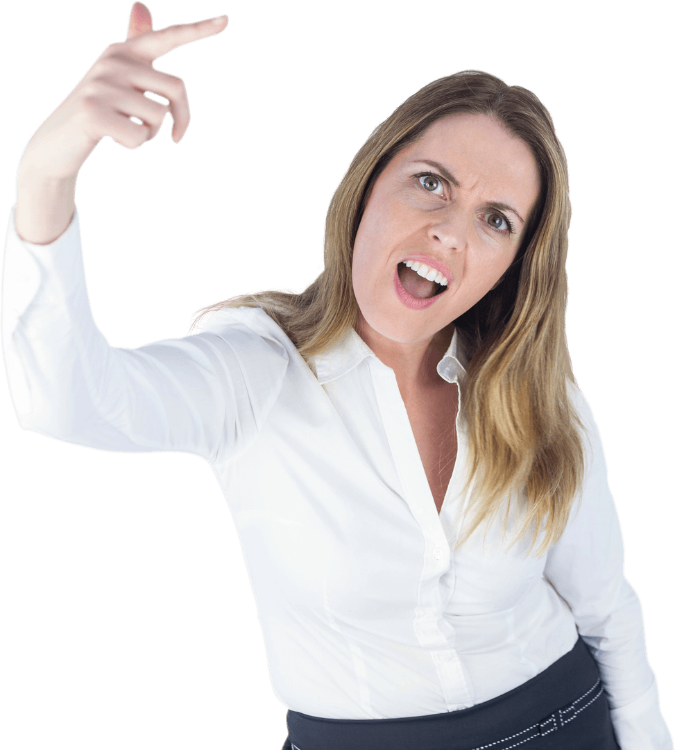 Transparent Businesswoman Expressing Anger with Hand Gestures