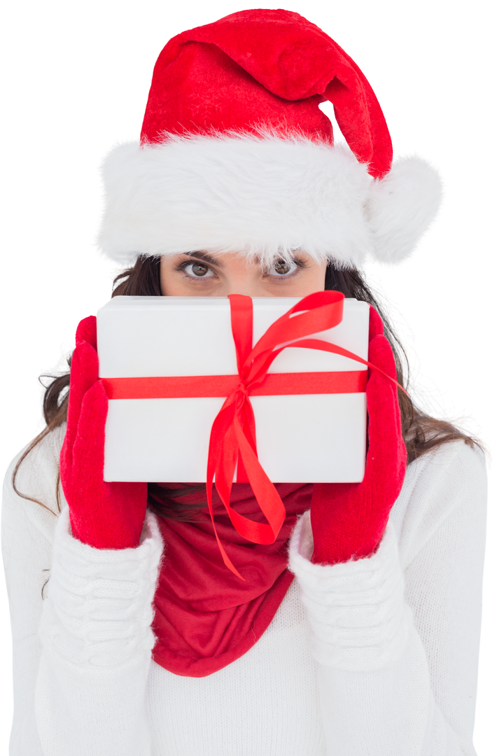 Woman in Santa Hat and Red Gloves Holding Gift Box Transparent Background - Download Free Stock Images Pikwizard.com