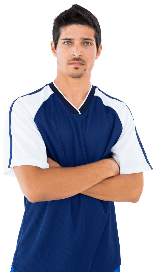 Serious Football Player in Blue White Jersey with Transparent Background